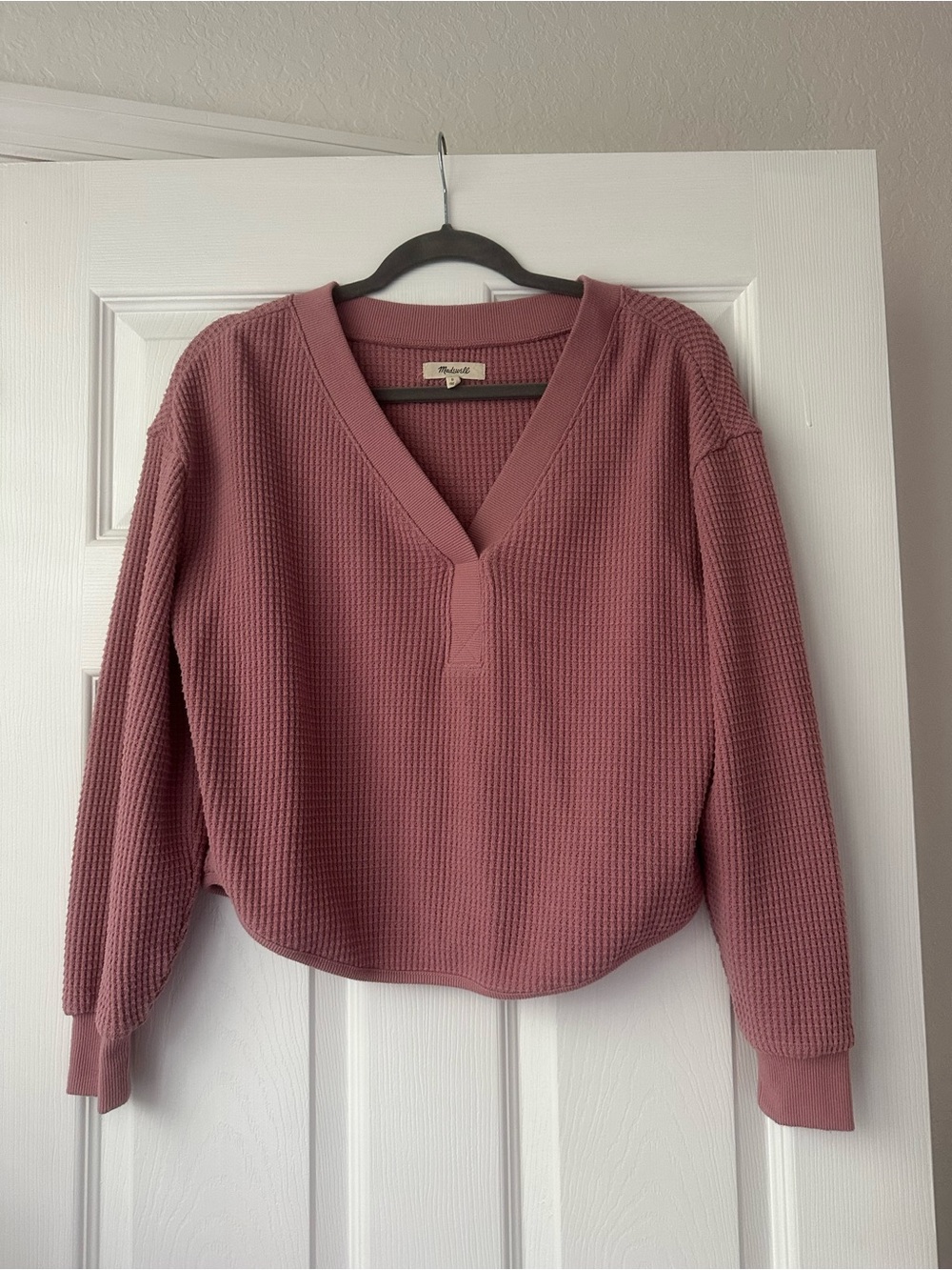 Madewell Waffle-Knit V-Neck Pullover Sweater - Dusty Rose